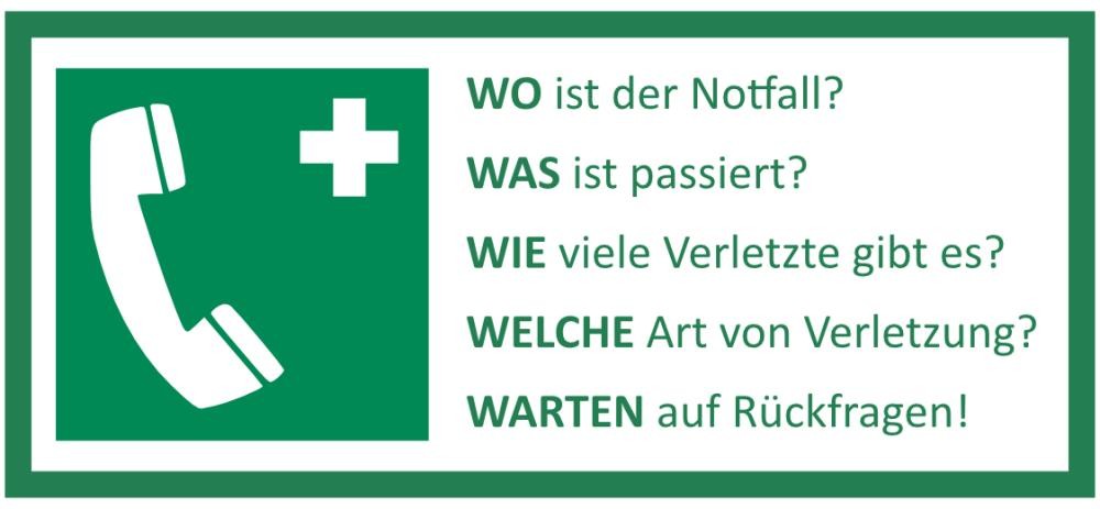 Wo? Geben Sie den genauen Unfallort (Straße, Hausnummer, Ort) an. Was? Beschreiben Sie kurz, was passiert ist. Wie viele? Geben Sie die Zahl der Verletzten und bei Kindern unbedingt auch das Alter an. Welche Verletzungen? Beschreiben Sie die Art und Schwere der Verletzung, zum Beispiel beim Kind ohne Bewusstsein, Stromschlag, Sturz mit offener Bruchverletzung. Warten Sie auf Rückfragen. Beenden Sie den Notruf nicht von sich aus. Erst wenn die Rettungsleitstelle Ihnen sagt, dass sie alle nötigen Informationen hat, können Sie auflegen. Wo? Geben Sie den genauen Unfallort (Straße, Hausnummer, Ort) an. Was? Beschreiben Sie kurz, was passiert ist. Wie viele? Geben Sie die Zahl der Verletzten und bei Kindern unbedingt auch das Alter an. Welche Verletzungen? Beschreiben Sie die Art und Schwere der Verletzung, zum Beispiel beim Kind ohne Bewusstsein, Stromschlag, Sturz mit offener Bruchverletzung. Warten Sie auf Rückfragen. Beenden Sie den Notruf nicht von sich aus. Erst wenn die Rettungsleitstelle Ihnen sagt, dass sie alle nötigen Informationen hat, können Sie auflegen.