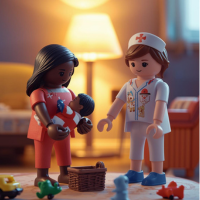 Playmobilfiguren: afrikanische Mutter mit Baby steht neben einer Krankenschwester