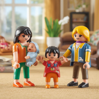 Playmobilfiguren: zwei Erwachsene mit einem Baby und einem Kind